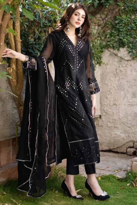 Merakish Black Embroidered Chiffon Unstitched 3Pc Suit- What U Wear