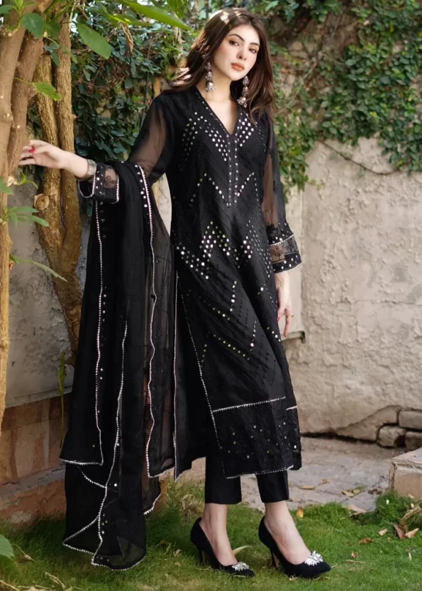 Merakish Black Embroidered Chiffon Unstitched 3Pc Suit- What U Wear