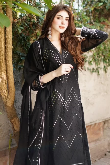 Merakish Black Embroidered Chiffon Unstitched 3Pc Suit- What U Wear