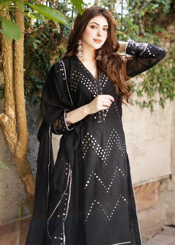Merakish Black Embroidered Chiffon Unstitched 3Pc Suit- What U Wear