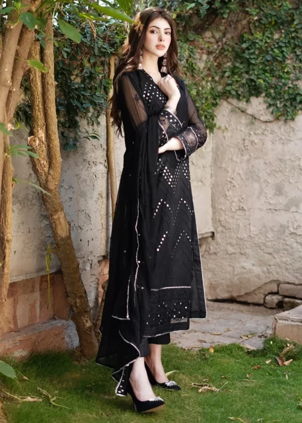 Merakish Black Embroidered Chiffon Unstitched 3Pc Suit- What U Wear