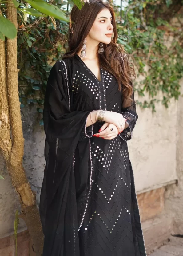 Merakish Black Embroidered Chiffon Unstitched 3Pc Suit- What U Wear