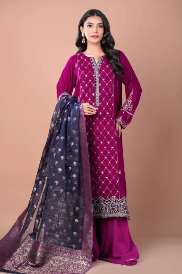 Zeen 3pcs Unstitched Embroidered Velvet Suit- What U Wear
