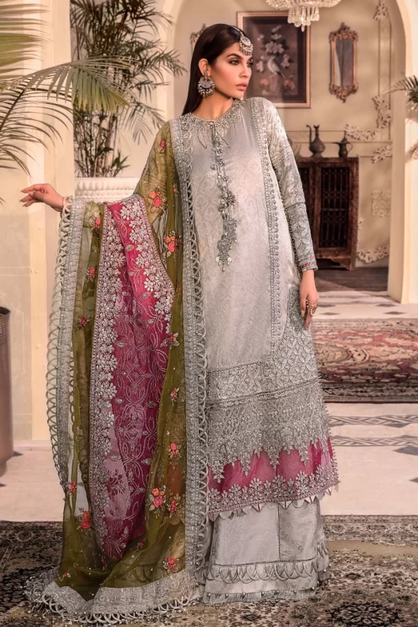 Maria B. Unstitched MBROIDERED – Silver BD-2601- What U Wear