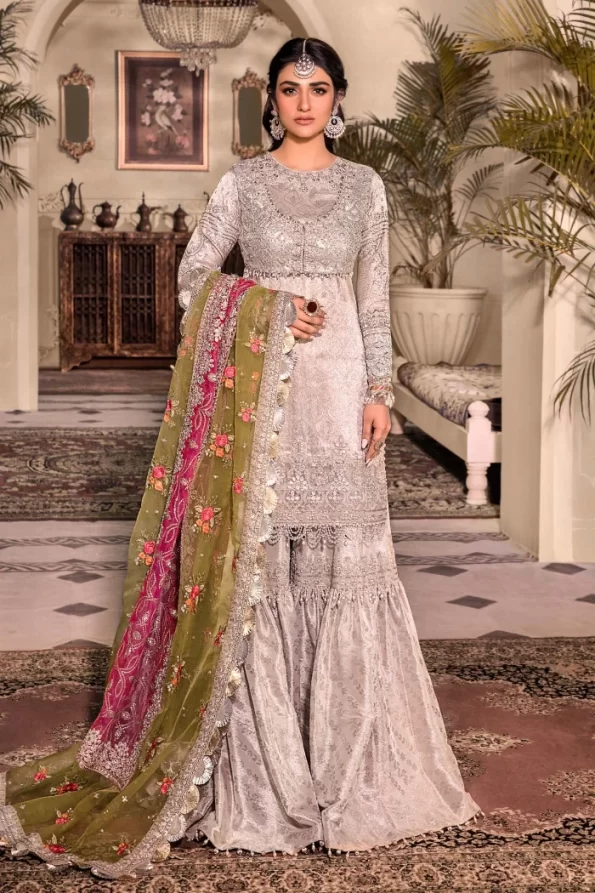 Maria B. Unstitched MBROIDERED – Silver BD-2601- What U Wear