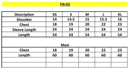 Vanya FN-02 Size Chart