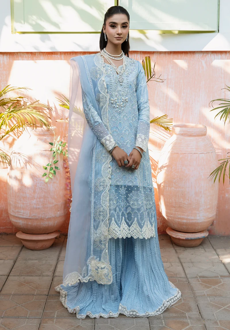 Maria Osama-Rang E Noor Eid Luxury 3pcs-Sumbul -Sky Blue