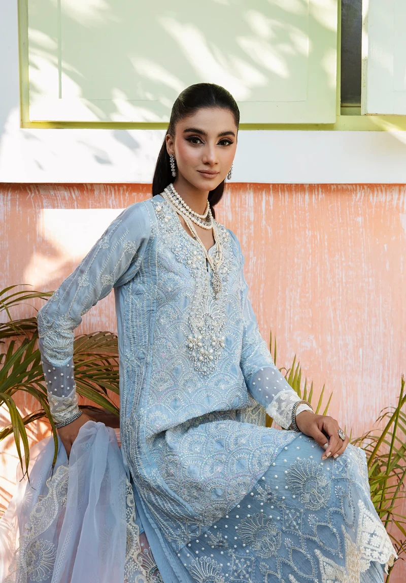 Maria Osama-Rang E Noor Eid Luxury 3pcs-Sumbul -Sky Blue