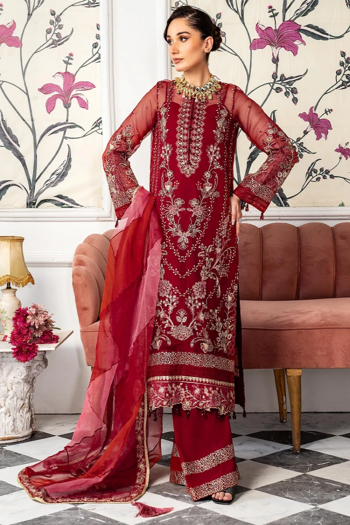 Meeral Luxury Embroidered 3pc- Qirmiz -Unstitched- What U Wear