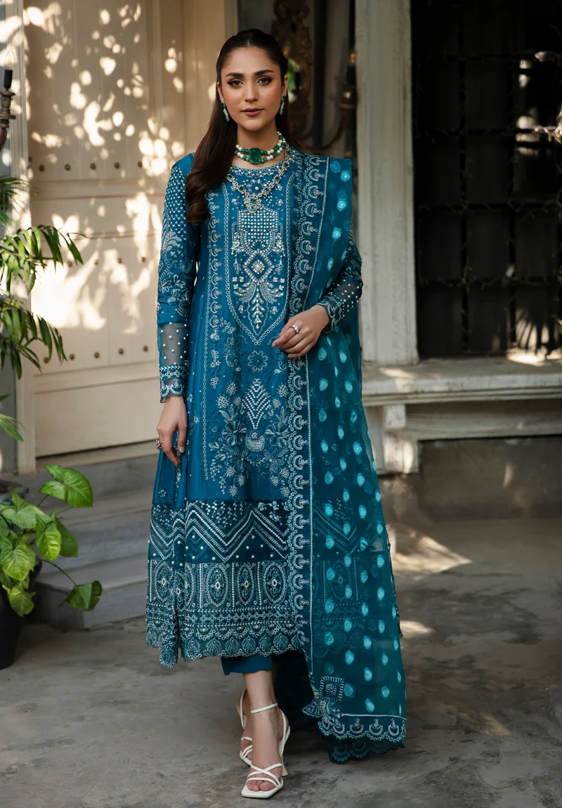 Maria Osama-Rang E Noor Eid Luxury 3pcs-Neel Kamal -Teal Blue