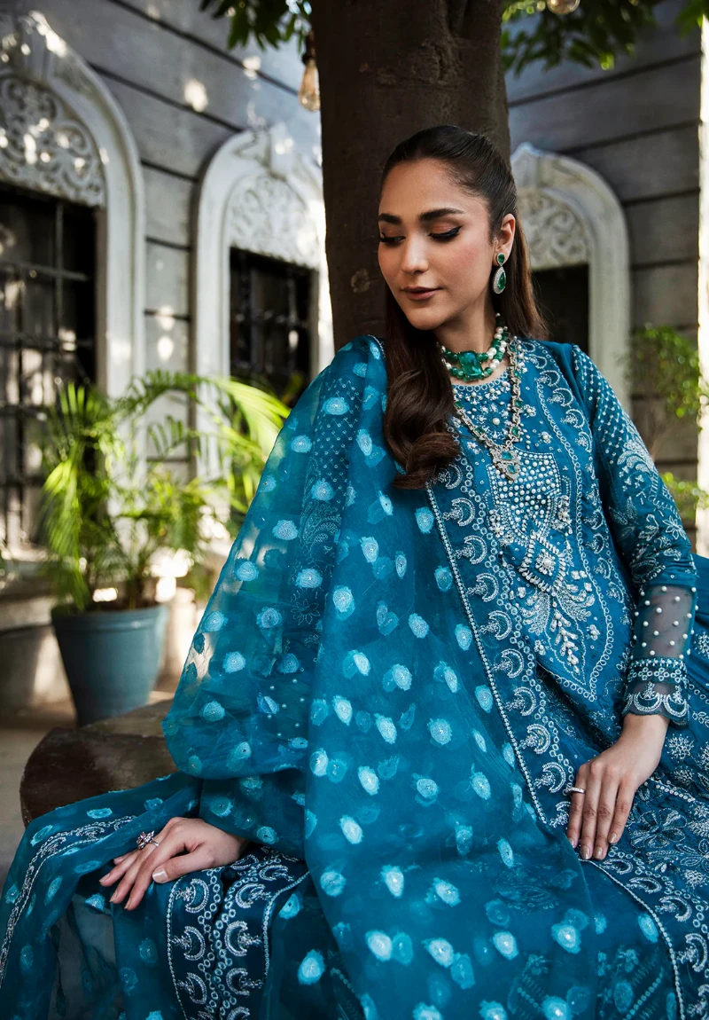 Maria Osama-Rang E Noor Eid Luxury 3pcs-Neel Kamal -Teal Blue