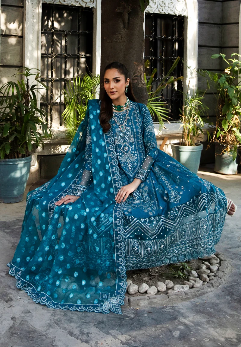 Maria Osama-Rang E Noor Eid Luxury 3pcs-Neel Kamal -Teal Blue