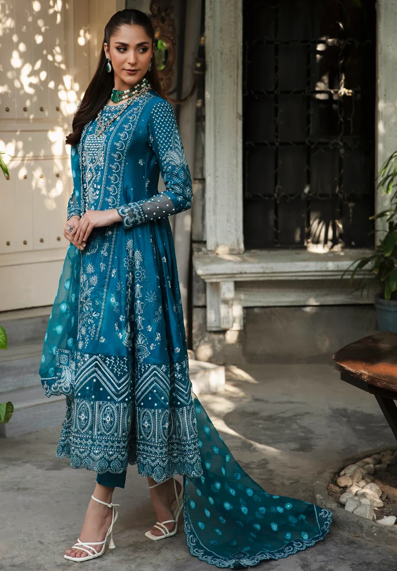 Maria Osama-Rang E Noor Eid Luxury 3pcs-Neel Kamal -Teal Blue