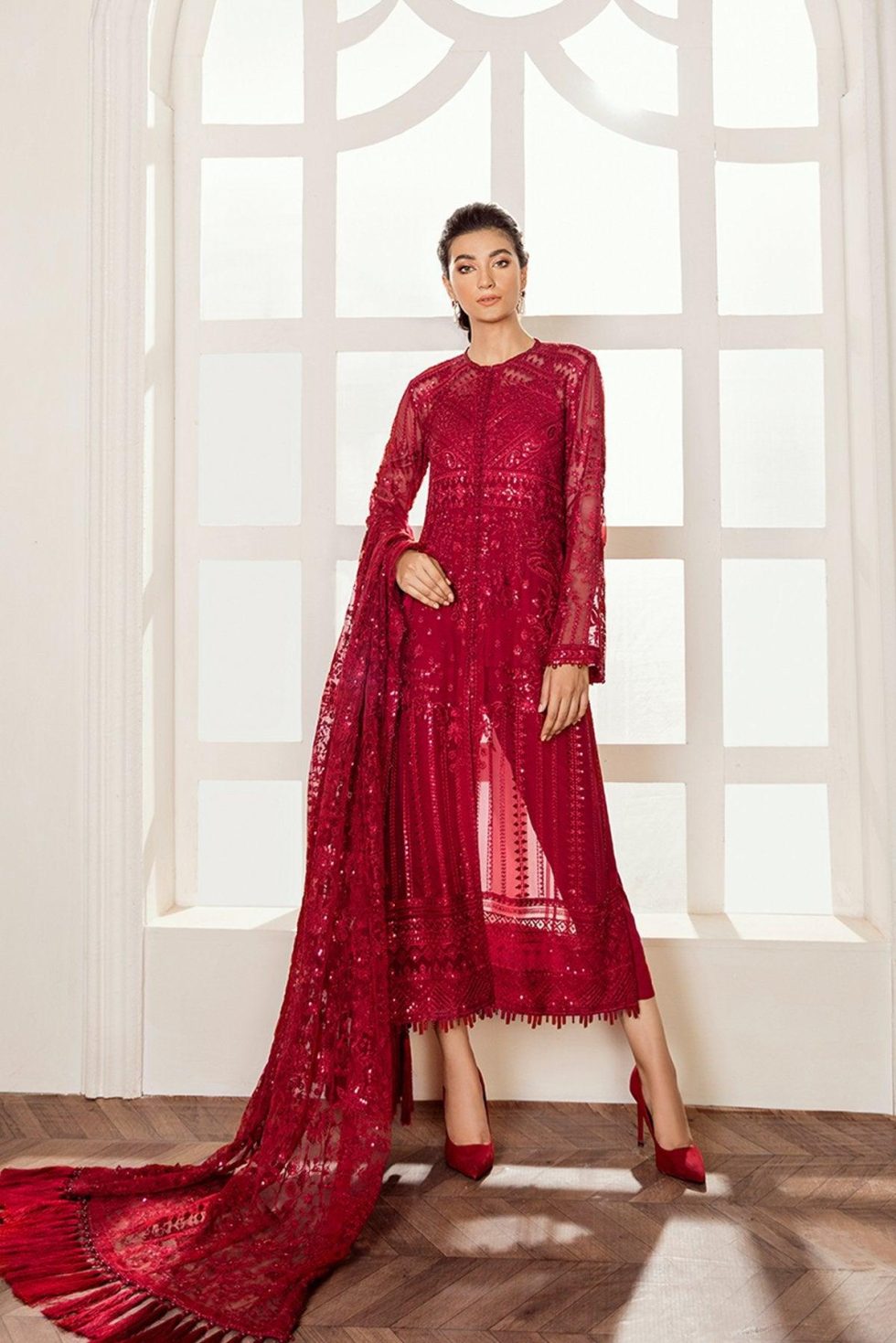 Baroque Luxury Embroidered Chiffon 3 Piece Suit -RED VELVET 3 Baroque Luxury Embroidered Chiffon 3 Piece Suit