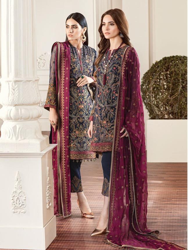 Baroque Chantelle Embroidered Chiffon 3 Piece Suit BQC-01 ROUGE Navy 3 Baroque Chantelle Embroidered Chiffon 3 Piece Suit